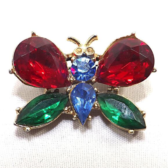 1940s Coro Butterfly Brooch Red Green Blue Rhinestone Gold Tone Vintage Jewelry - Picture 1 of 10